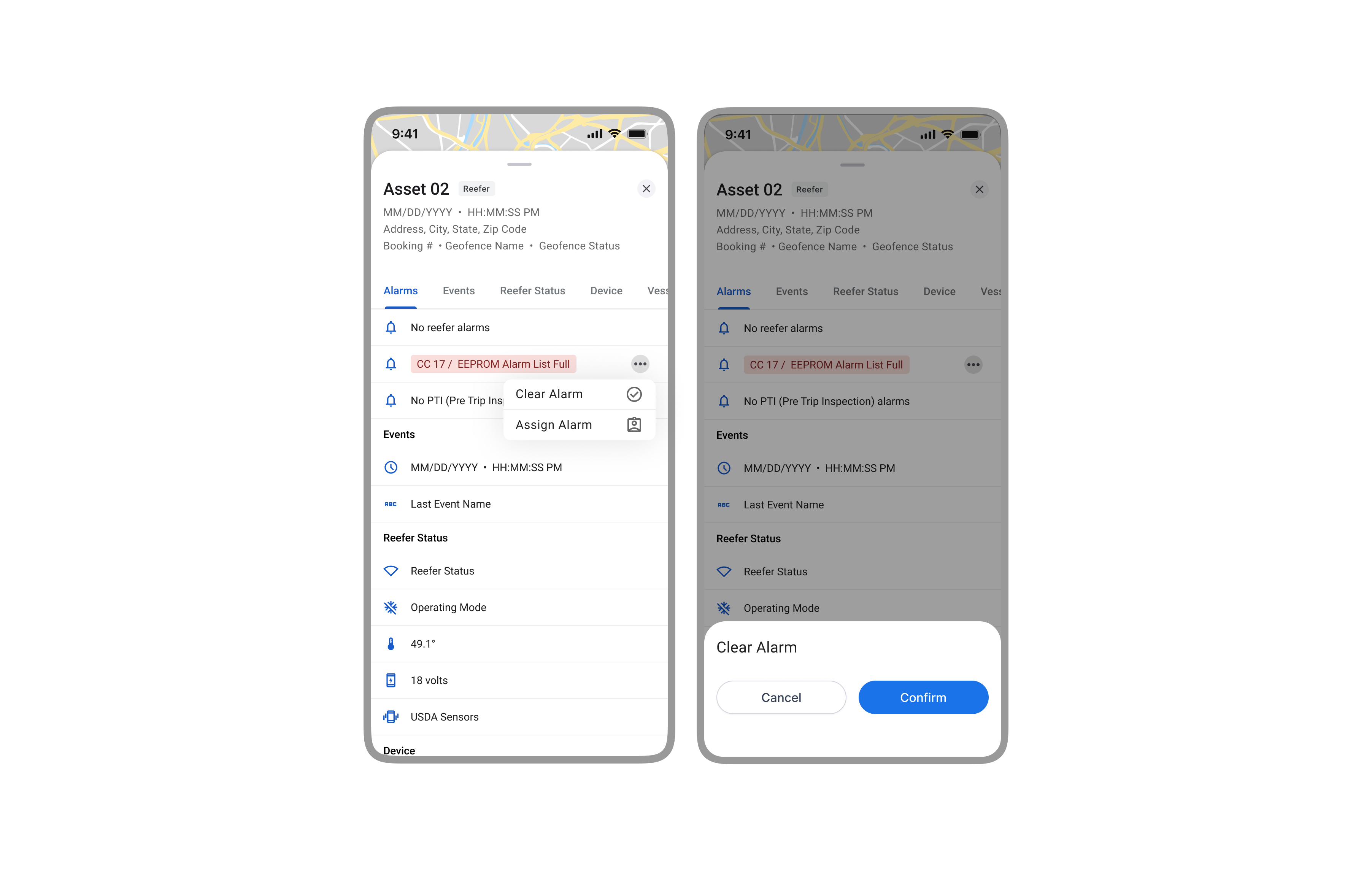 Mobile app interface showing an asset detail screen with inline alarm actions and a confirmation modal to clear an alarm.